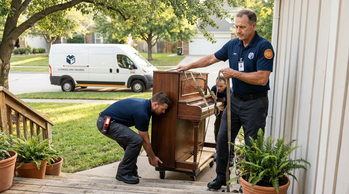 Licensed piano movers securing grand piano in Sutton, NE