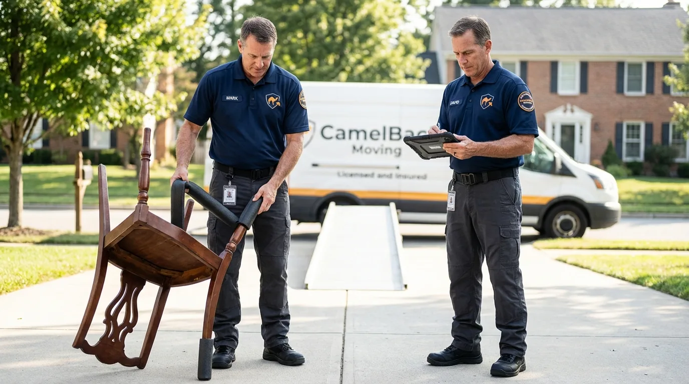 Movers inspecting furniture for damage prevention before loading in Sutton, NE