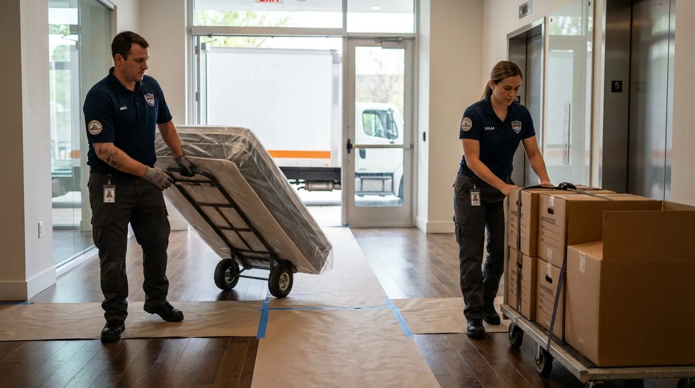 Professional apartment movers loading elevator in Sutton, NE